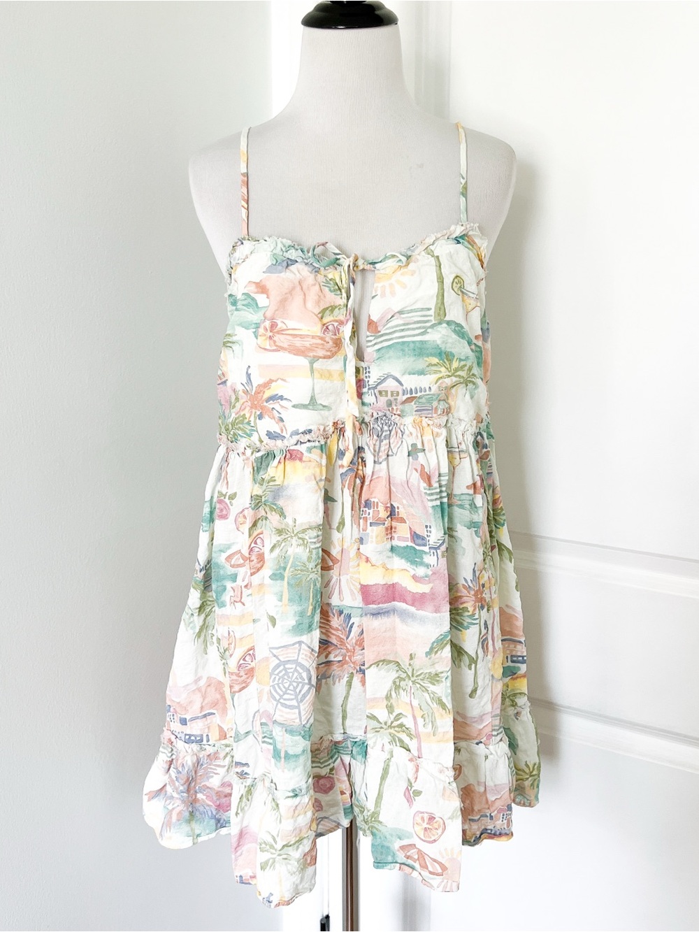 Stitch + Feather Sunset Coastal Print Mini Dress in White/Multi  - Medium